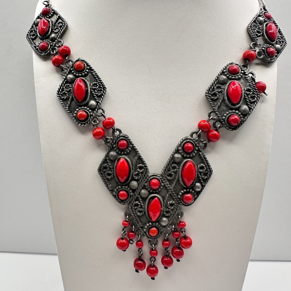 Vintage 90s Silver Tone Red Bead Statement Bib Necklace Boho Ethnic Jewelry
